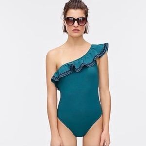 J Crew One-shoulder Ruffle One-Piece Swimsuit Rickrack Teal Navy Sz 10/cups incl